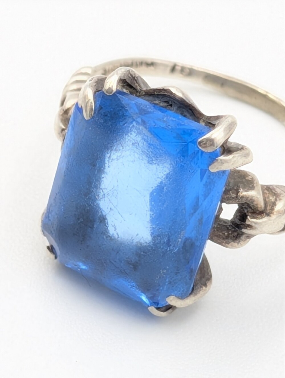 Antique Art Deco 925 sterling silver blue glass rhinestone ring - Picture 9 of 9